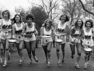 The start of the pancake race I/R Caroline Meade, Marilyn Ward, Gay Leary, Pauline Peart The start of the pancake race I/R Caroline Meade, Marilyn Ward, Gay Leary, Pauline Peart