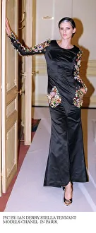 STELLA TENNANT models Chanel in Paris long black dress with coloured stones STELLA TENNANT models Chanel in Paris long black dress with coloured stones