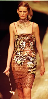 Stella Tennant models dress with tiger motif designed by Valentino at Paris Fashion Week Stella Tennant models dress with tiger motif designed by Valentino at Paris Fashion Week