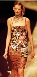 Stella Tennant models dress with tiger motif designed by Valentino at Paris Fashion Week Stella Tennant models dress with tiger motif designed by Valentino at Paris Fashion Week