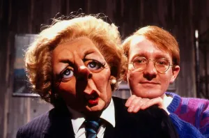 Steve Nallon with Margaret Thatcher puppet December 1987 Steve Nallon with Margaret Thatcher puppet December 1987