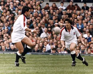 Stuart Barnes throws ruby ball to Will Carling in England v Scotland Stuart Barnes throws ruby ball to Will Carling in England v Scotland