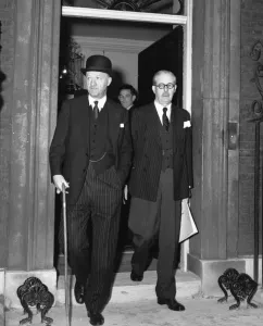 Suez Crisis 1956 Harold MacMillan and Rab Butler leaving 10 Downing Street after a Suez Crisis 1956 Harold MacMillan and Rab Butler leaving 10 Downing Street after a