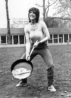 Suzanne Danielle in great form before taking part in a pancake race, 23rd February 1982 Suzanne Danielle in great form before taking part in a pancake race, 23rd February 1982