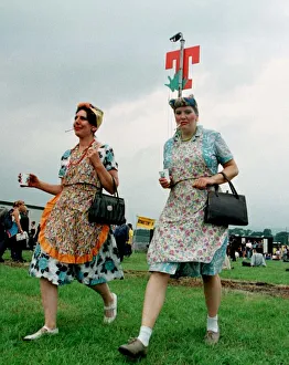 T In the Park July 1997 two girl fans dresses up as tea ladies T In the Park July 1997 two girl fans dresses up as tea ladies