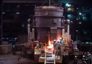 Tapping steel from continuous slab caster in Port Kembla Steel Works in New South Wales Tapping steel from continuous slab caster in Port Kembla Steel Works in New South Wales