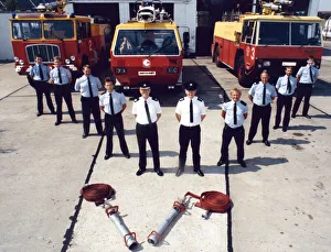 Teesside Airport fire brigade seen here on parade with their fire tenders 3rd August 1990 Teesside Airport fire brigade seen here on parade with their fire tenders 3rd August 1990
