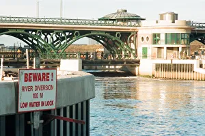 Teesside Barrage is raised, holding back the waters of the Tees. 12th December 1994 Teesside Barrage is raised, holding back the waters of the Tees. 12th December 1994