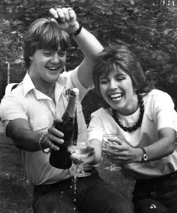 Television presenter Maggie Philbin and husband Keith Chegwin celebrating with a bottle Television presenter Maggie Philbin and husband Keith Chegwin celebrating with a bottle