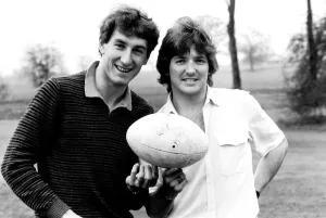 Terry Butcher and Russell Osman of Ipswich March 1981 holding rugby ball Terry Butcher and Russell Osman of Ipswich March 1981 holding rugby ball