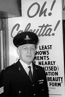 Theatre: Entertainment: Oh! Calcutta! Feature: Commissionaire Alf Bryant outside Theatre: Entertainment: Oh! Calcutta! Feature: Commissionaire Alf Bryant outside