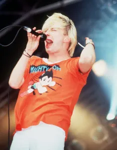 Thom Yorke singer of Radiohead on stage 1994 at Glastonbury Festival Thom Yorke singer of Radiohead on stage 1994 at Glastonbury Festival