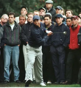 Tiger Woods slices the ball to the 18th green October 1998 during the World Matchplay at Tiger Woods slices the ball to the 18th green October 1998 during the World Matchplay at