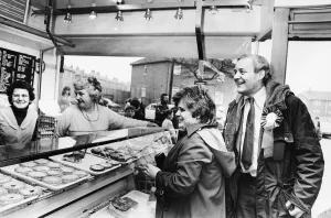 Tony Benn calls in at North Shields shop to buy pies for his tea before setting off for Tony Benn calls in at North Shields shop to buy pies for his tea before setting off for