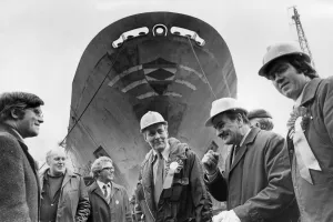 Tony Benn MP seen here enjoying a joke during his visit to Smiths Ship Repair Yard in Tony Benn MP seen here enjoying a joke during his visit to Smiths Ship Repair Yard in