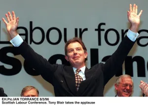 Tony Blair arms outstretched thanking Scottish Labour Conference applause. 1996 Tony Blair arms outstretched thanking Scottish Labour Conference applause. 1996