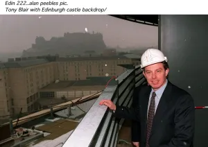 Tony Blair Labour Party leader wearing safety helmet while touring new conference Tony Blair Labour Party leader wearing safety helmet while touring new conference