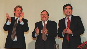 TONY BLAIR MP LABOUR LEADER WITH GORDON BROWN MP AND JOHN PRESCOTT MP AFTER SPEECH AT TONY BLAIR MP LABOUR LEADER WITH GORDON BROWN MP AND JOHN PRESCOTT MP AFTER SPEECH AT