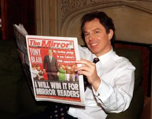 Tony Blair MP Labour leader reads the Daily Mirror newspaper at Home March 1997 Tony Blair MP Labour leader reads the Daily Mirror newspaper at Home March 1997