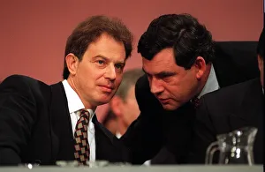 Tony Blair MP and Labour leader is spoken to on the platform by Gordon Brown shadow Tony Blair MP and Labour leader is spoken to on the platform by Gordon Brown shadow