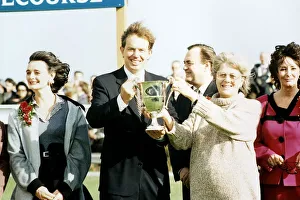 Tony Blair MP leader of the Labour Party holding a trophy Tony Blair MP leader of the Labour Party holding a trophy