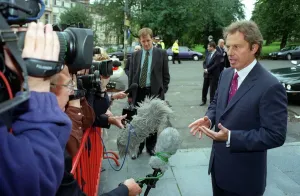 Tony Blair outside Nick Nairns restaurant August 1998 in Woodside Terrace Glasgow Tony Blair outside Nick Nairns restaurant August 1998 in Woodside Terrace Glasgow