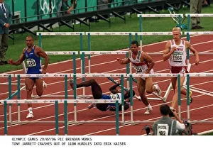 TONY JARRETT ATHLETICS CRASHES OF THE 110M HURDLES INTO ERIK KAISER TONY JARRETT ATHLETICS CRASHES OF THE 110M HURDLES INTO ERIK KAISER