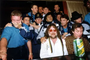 Tottenham record their FA Cup final song. Vinny Samways tries to keep Paul Tottenham record their FA Cup final song. Vinny Samways tries to keep Paul