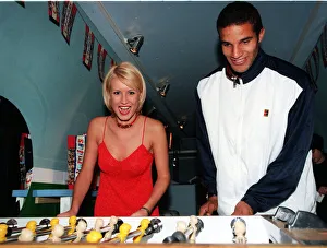 TV Presenter Denise Van Outen with David James of Liverpool Football Club launching new TV Presenter Denise Van Outen with David James of Liverpool Football Club launching new
