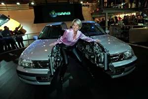 Ulrika Jonsson TV Presenter October 1997 Standing in the middle of a car cut in half at Ulrika Jonsson TV Presenter October 1997 Standing in the middle of a car cut in half at