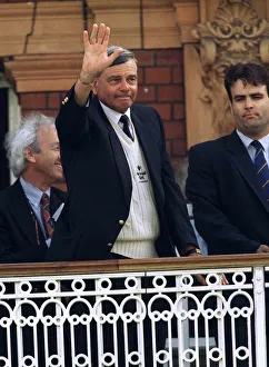 Umpire Dickie Bird wipes a tear from his eye as he stands on the balcony at the end of Umpire Dickie Bird wipes a tear from his eye as he stands on the balcony at the end of