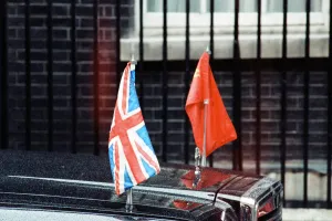 Union Jack and Russian Flag on a car during Soviet Leader Mikhail Gorbachev's Union Jack and Russian Flag on a car during Soviet Leader Mikhail Gorbachev's