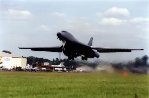 A United States Air Force Rockwell B-1 Lancer strategic bomber aircraft takes off on its A United States Air Force Rockwell B-1 Lancer strategic bomber aircraft takes off on its