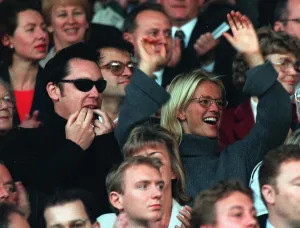 Vic Reeves and Ulrika Jonsson TV Presenter sitting in the stands at Old Trafford to watch Vic Reeves and Ulrika Jonsson TV Presenter sitting in the stands at Old Trafford to watch