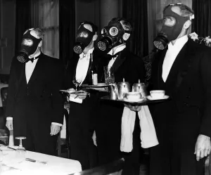 Waiters wearing gas masks during an exercise at the Royal Station Hotel Waiters wearing gas masks during an exercise at the Royal Station Hotel