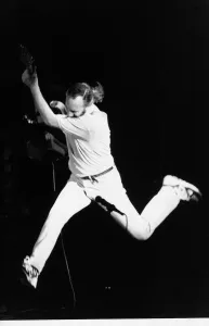 The Who pop guitarist Pete Townshend leaping 1989 with guitar at Royal Albert The Who pop guitarist Pete Townshend leaping 1989 with guitar at Royal Albert