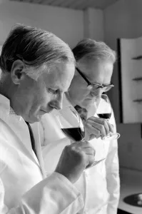 Wine Tasters sampling the latest consignment of red wine from the Beaujolais region of Wine Tasters sampling the latest consignment of red wine from the Beaujolais region of
