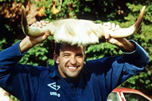 Wolverhampton Wanderers footbaler Steve Bull football holding up a pair of cow horns to Wolverhampton Wanderers footbaler Steve Bull football holding up a pair of cow horns to