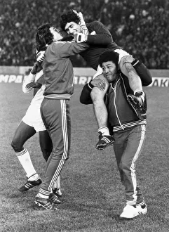 World Cup 1978. Peru v Scotland. Peruvian goalkeeper Ramon Quiroga is mobbed by World Cup 1978. Peru v Scotland. Peruvian goalkeeper Ramon Quiroga is mobbed by