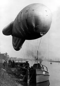 World War Two - Second World War - A barrage balloon on board a boat ready to help in World War Two - Second World War - A barrage balloon on board a boat ready to help in