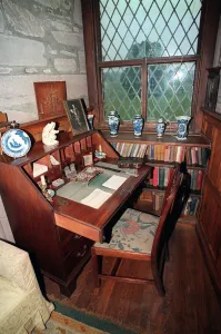 Writing desk in the sitting room of Glamis Castle Scotland where the Queen mother was Writing desk in the sitting room of Glamis Castle Scotland where the Queen mother was