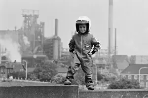 Images Dated 10th June 1979: Four year old Jarno Barratt of Corby, Northamptonshire, in his motorcycle outfit which he