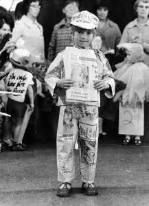 Five year old Sean, wearing a suit made of Evening Chronicle newspapers Five year old Sean, wearing a suit made of Evening Chronicle newspapers