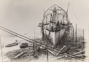 Prints of A black and white photograph of the SS Great Eastern under construction in London in ca. 1856. A view of the bow of the ship with the hull nearly completed Steamship Prints: Print of the SS Great Eastern under construction, circa 1856