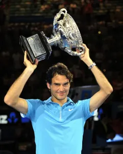 Tennis Prints: Print of Roger Federer with Australian Open Trophy