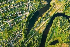 Russia Collection: Aerial View Of Calm River And Village In Belarus, Europe. Green Forest Woods Landscape In Sunny