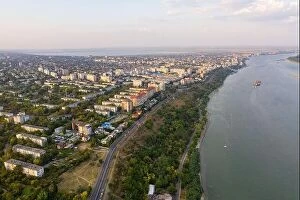 Images Dated 24th August 2019: Aerial view of Galati City, Romania. Danube River near city with sunset warm light