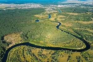 Images Dated 24th August 2019: Aerial View Green Forest Woods And River Landscape In Sunny Summer Day
