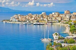 Albania Collection: Aerial view of Saranda port and marina, Albania