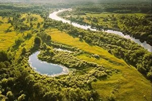 Russia Collection: Belarus. Elevated View Of Small Bog Marsh Swamp Wetland, River And Green Forest Landscape In Sunny